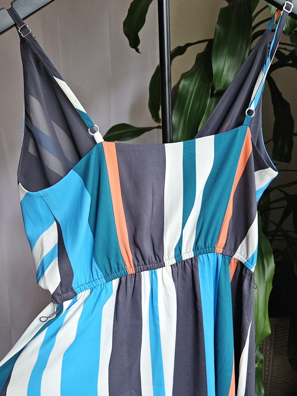​ANN TAYLOR LOFT Striped Faux Wrap Maxi Dress Small Blue Teal Orange Ruffle - Picture 7 of 16
